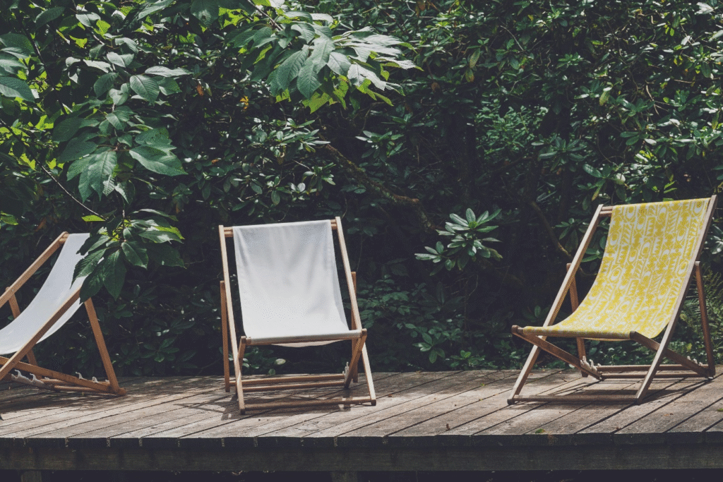 Floating deck with lounge beach chairs.