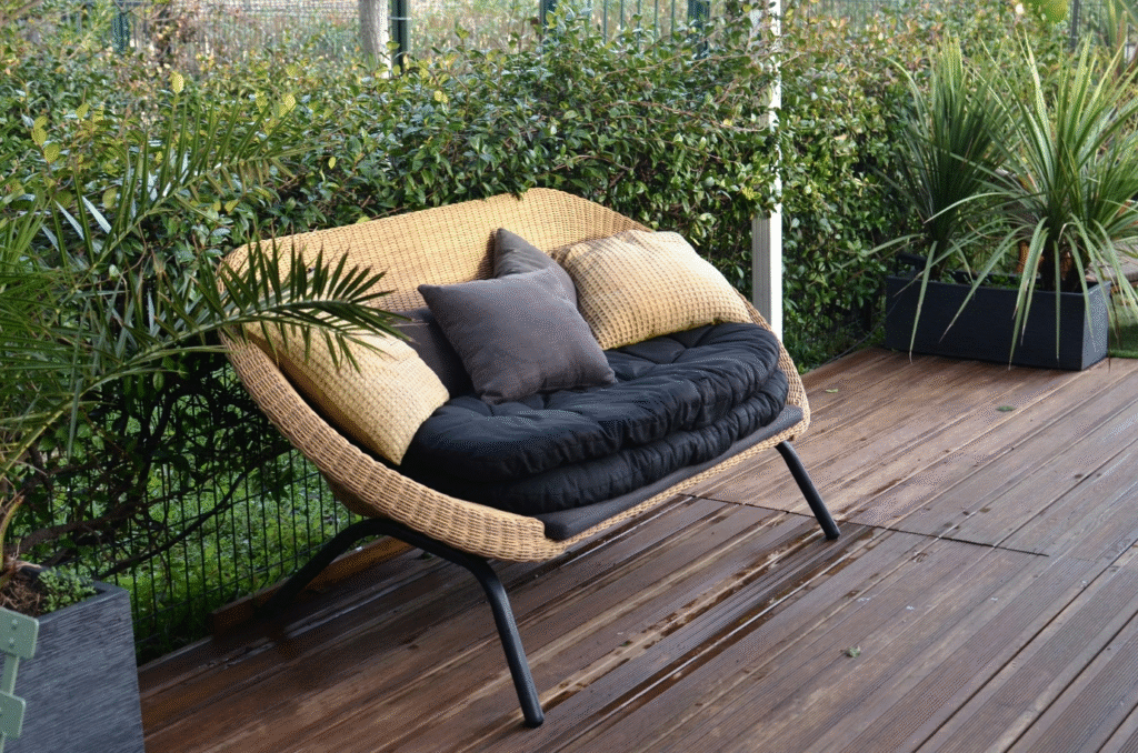 Wicker love seat on a simple deck